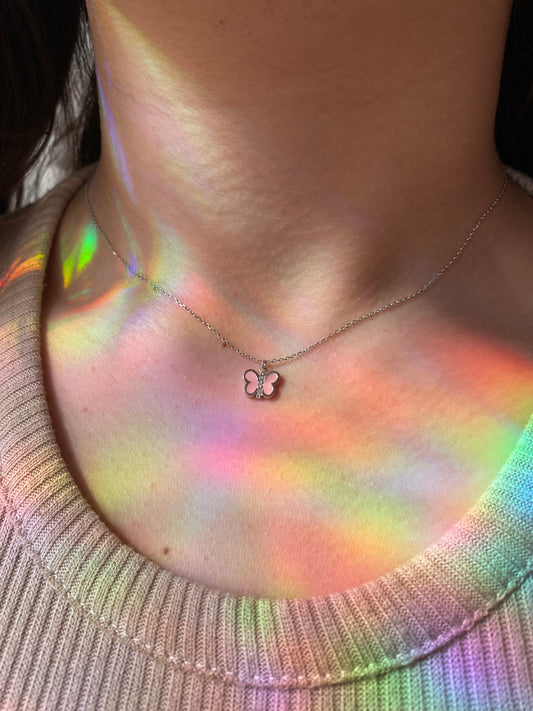 Pink Enamel Diamond Butterfly Necklace
