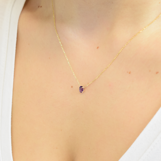14k gold oval Amethyst necklace solitaire February birthstone