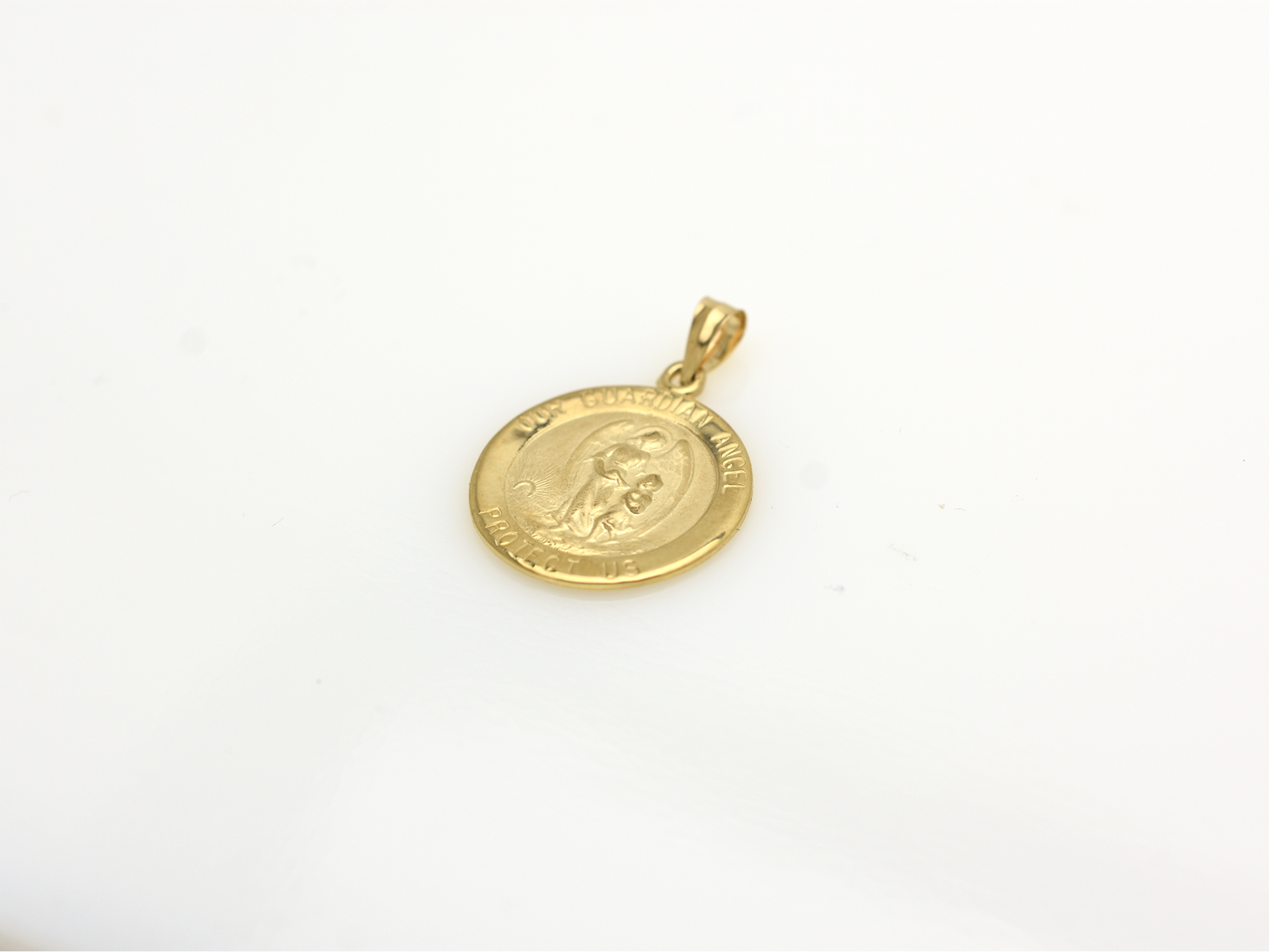 14k solid gold 17 mm Guardian Angel charm necklace .perfect for layering everyday look displayed on a white background . intended for all ages and for men and ladies