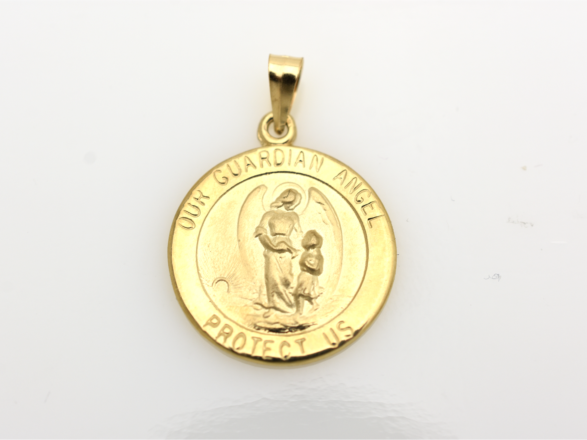 14k solid gold 17 mm Guardian Angel charm necklace .perfect for layering everyday look displayed on a white background . intended for all ages and for men and ladies