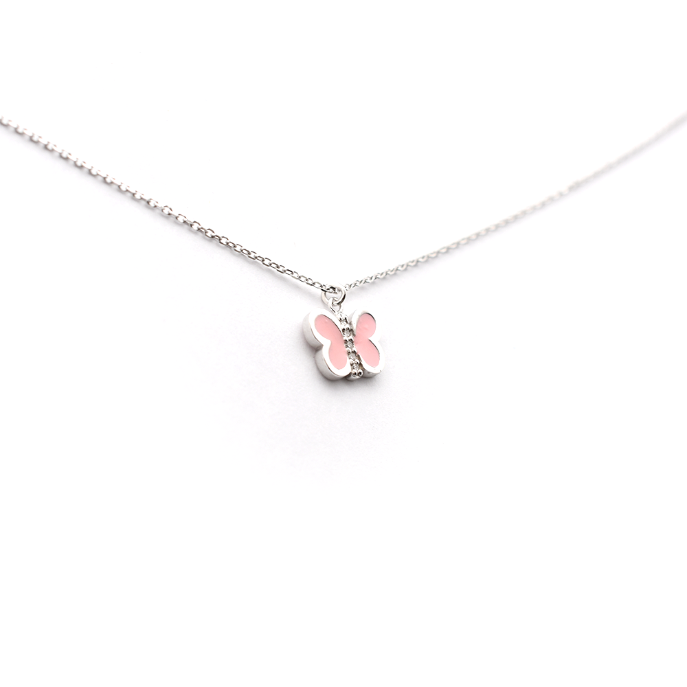 Pink Enamel Diamond Butterfly Necklace