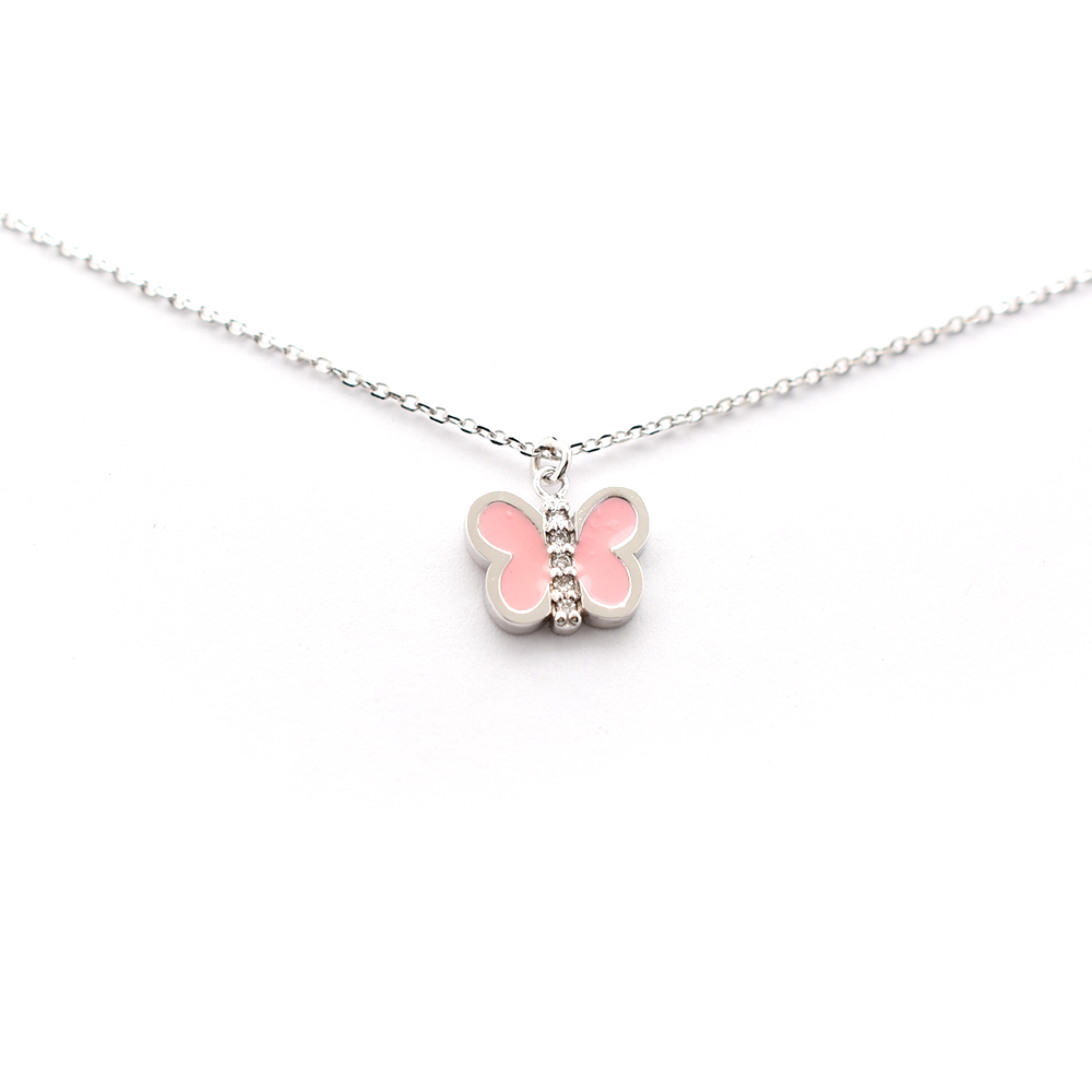 Pink Enamel Diamond Butterfly Necklace