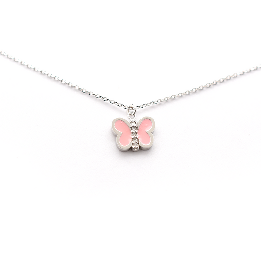 Pink Enamel Diamond Butterfly Necklace