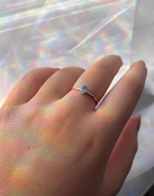 14k gold blue topaz ring , marquis shaped blue topaz